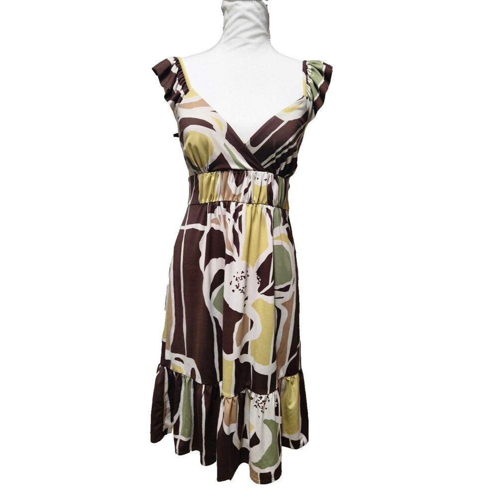 Y2K BCBGMAXAZRIA Brown Green Yellow Empire Waist Dress Size XS Babydoll